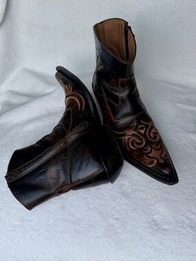 Ferrato Leather Stitched Western Cowboy Ankle Boots Distressed Brown W 8.5 M 7